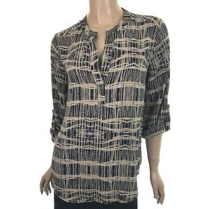 Daniel Rainn Size S Blouse Top Black w Brown Design Roll Tab Sleeve Polyester